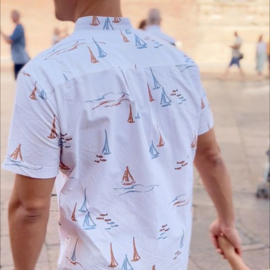 *New* Resort Series - Men's White Shirt in Sail Boat Print