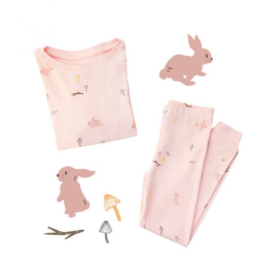 Kids Long Sleeve Organic Pyjamas Set in Pink Rabbit Print (Personalisable)