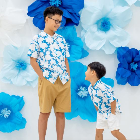 Garden Series - Boys Camp Collar Shirt in Blue Floral (Personalisable)