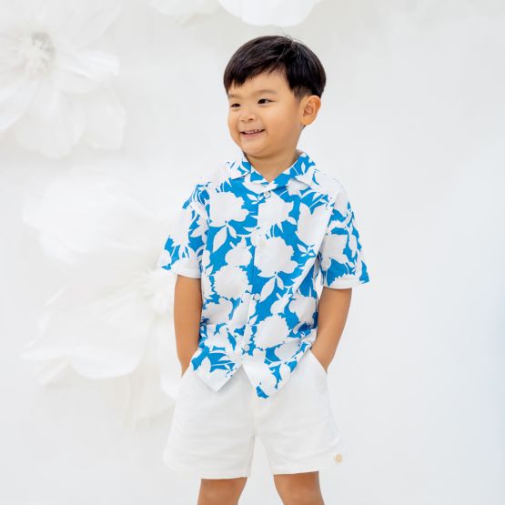 Garden Series - Boys Camp Collar Shirt in Blue Floral (Personalisable)