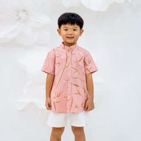 Spring Series - Boys Shirt in Pink Bamboo Print (Personalisable)