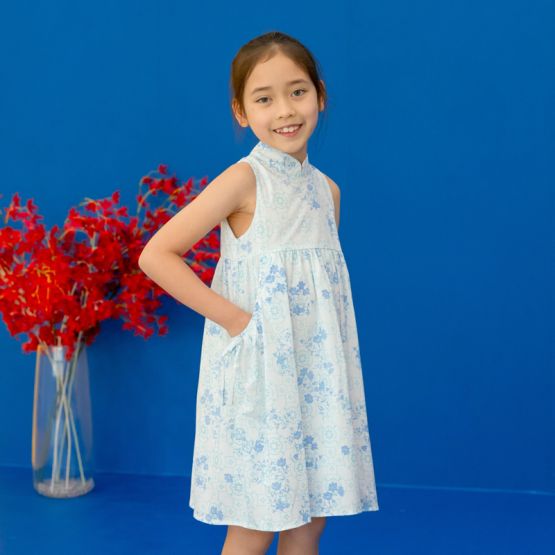 Chinese Motif Series - Girls Cheongsam in Blue Floral Motif (Personalisable)