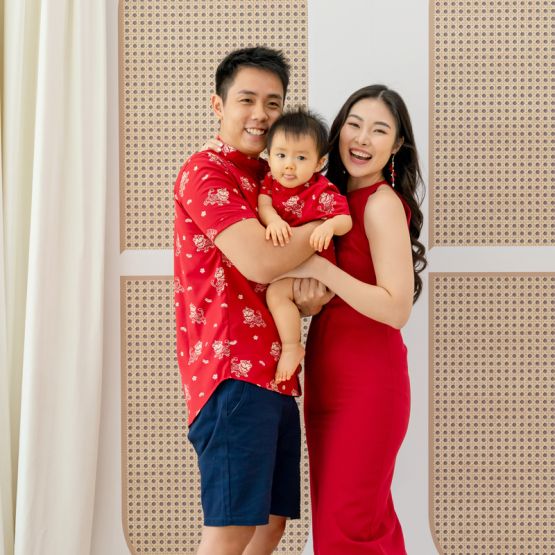 Lion Dance Series - Baby Boy Shirt Romper in Red Lion Print (Personalisable)