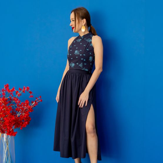 Lion Dance Series - Ladies Slit Midi Skirt in Navy