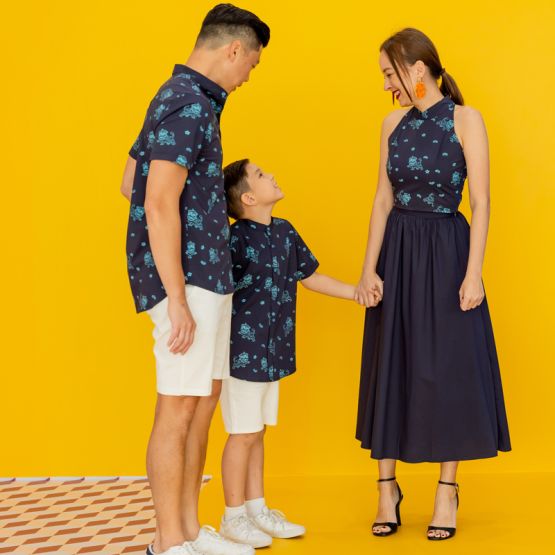 Lion Dance Series - Ladies Slit Midi Skirt in Navy