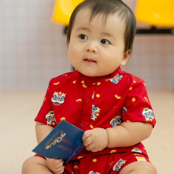 Lion Dance Series - Baby Boy Shirt Romper in Red (Personalisable)