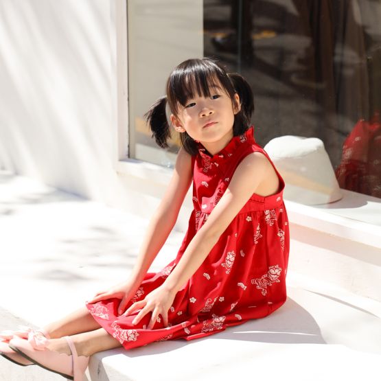 Lion Dance Series - Girls Cheongsam in Red Lion Print