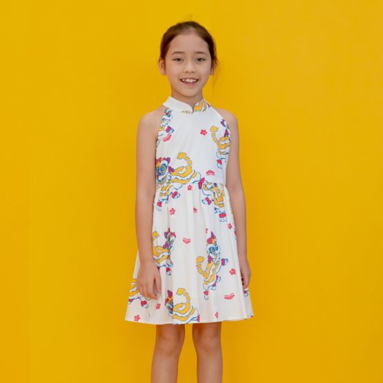 Lion Dance Series - Girls Halter Dress in White Lion Print
