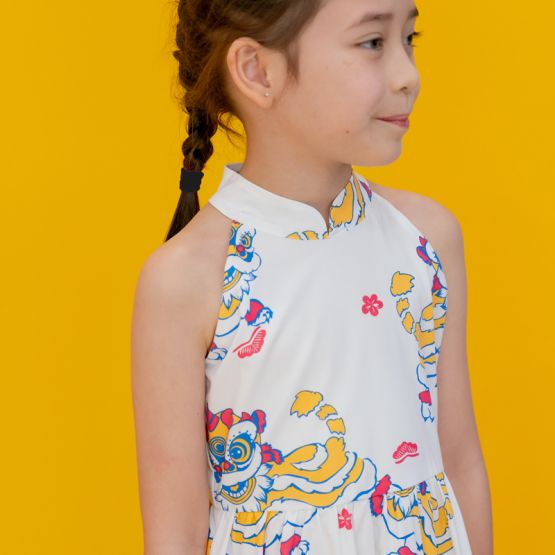 Lion Dance Series - Girls Halter Dress in White Lion Print