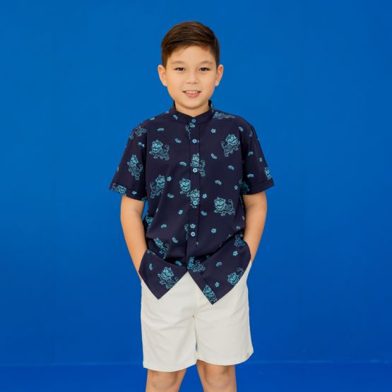 Lion Dance Series - Boys Shirt in Navy Lion Print (Personalisable)