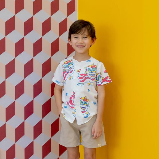 Lion Dance Series - Boys Shirt in White Lion Print