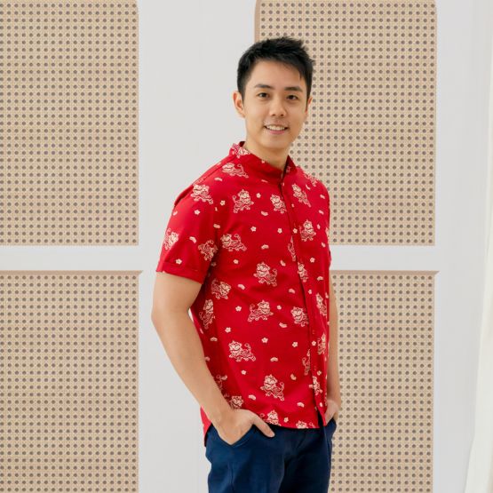 Lion Dance Series - Men's Shirt in Red Lion Print (Classic Fit) (Personalisable)