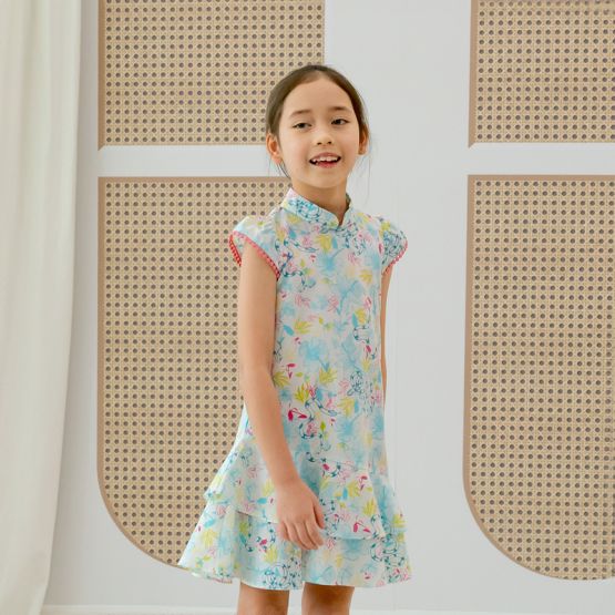 Zodiac Series - Girls Cheongsam in White Floral Snake Print