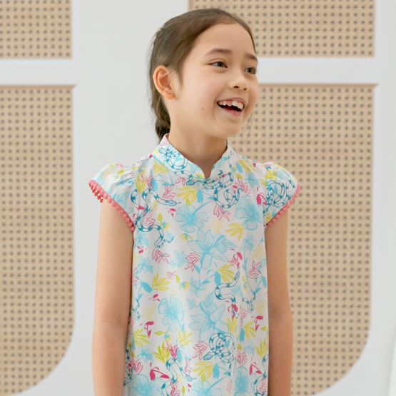 Zodiac Series - Girls Cheongsam in White Floral Snake Print