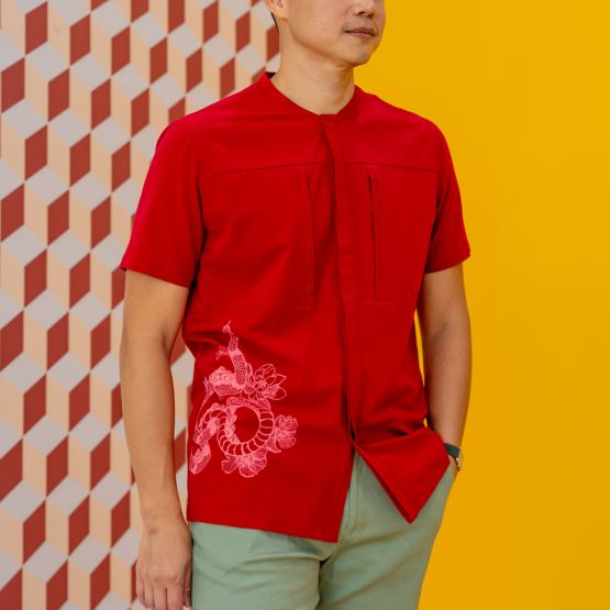 Zodiac Series - Men's Camp Collar Shirt in Red with Double Pockets (Relaxed Fit) 