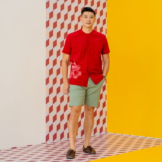 Zodiac Series - Men's Camp Collar Shirt in Red with Double Pockets (Relaxed Fit) 