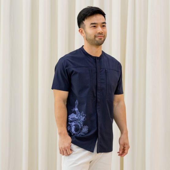 Zodiac Series - Men's Camp Collar Shirt in Navy with Double Pockets (Relaxed Fit) 