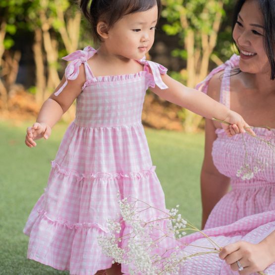 Resort Series - Girls Tie Strap Dress in Pink Gingham