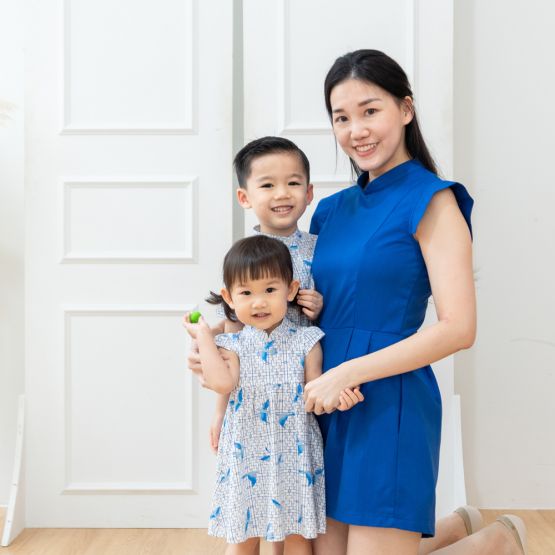 Chinese Motif Series - Baby Girl Blue Jersey Dress with Sparrow Print