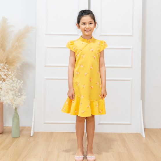 Chinese Motif Series - Girls Yellow Dress with Sparrow Print