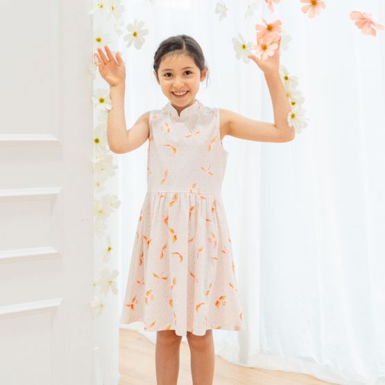 Chinese Motif Series - Girls White Jersey Dress with Sparrow Print