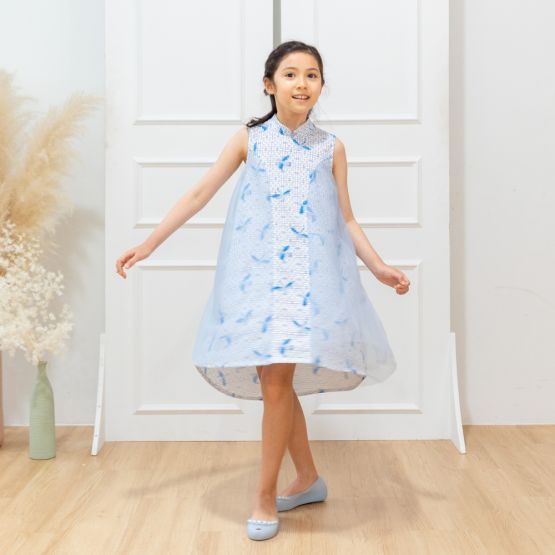Chinese Motif Series - Girls Blue High-Low Dress with Sparrow Print