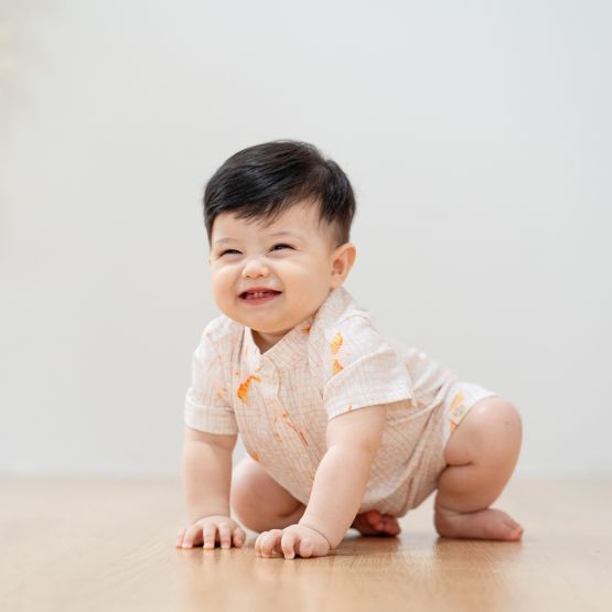 Chinese Motif Series - Baby Boy White Jersey Shirt Romper with Sparrow Print