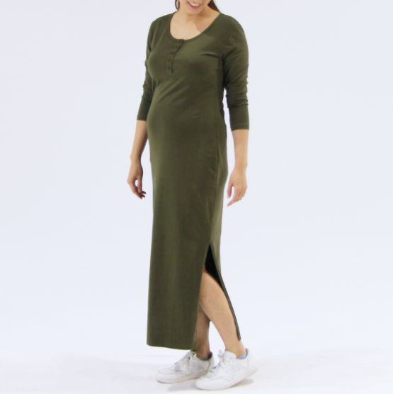 Jersey 3/4 Sleeves Olive Green Ladies Maxi Dress