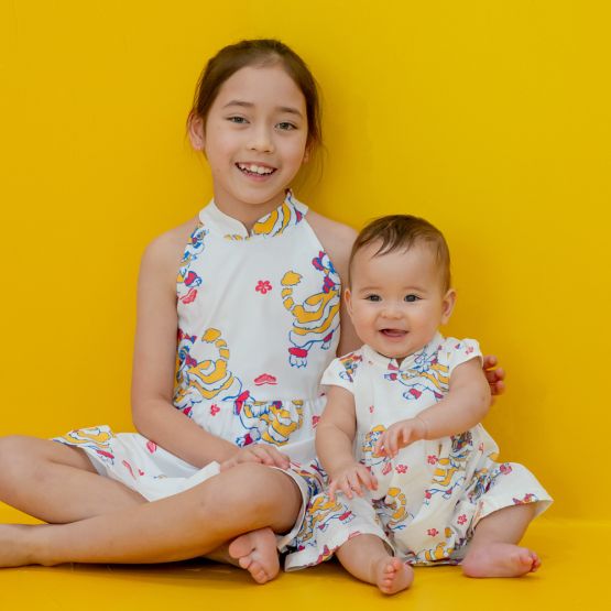 Lion Dance Series - Baby Girl Cheongsam in White Lion Print