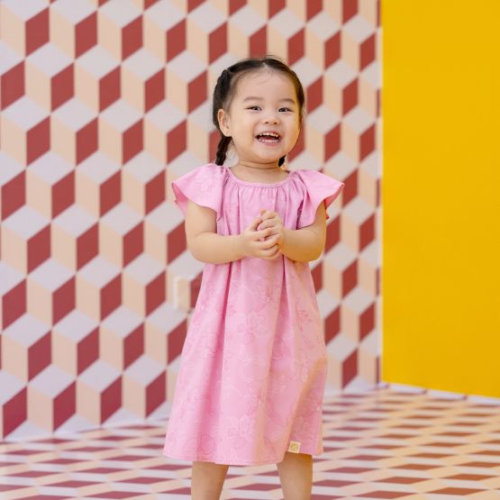 Heritage Series - Girls Dress with Pom Poms in Pink Orchid Print