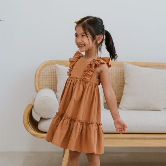 Resort Series - Girls Ruffled Baby Doll Dress in Caramel