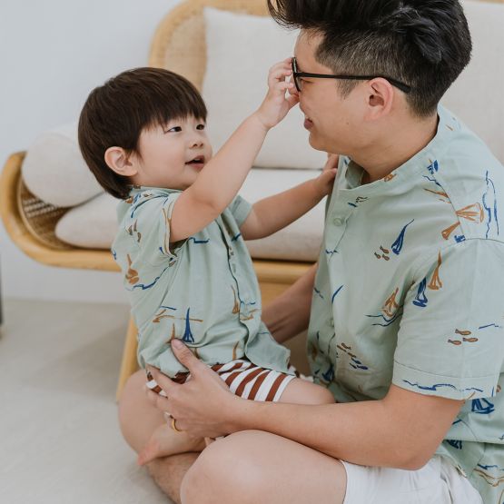 Resort Series - Boys Sage Green Shirt in Sail Boat Print