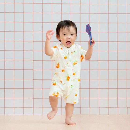 Mandarin Orange Series - Baby Boy Jersey Romper in White (Personalisable)