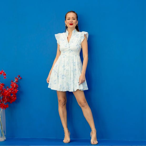 Chinese Motif Series - Ladies Dress in Blue Floral Motif