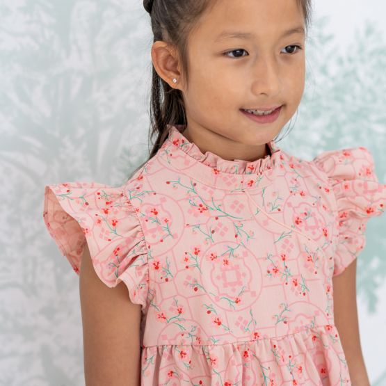 Chinese Motif Series - Girls Dress in Pink with Ruffled Sleeves