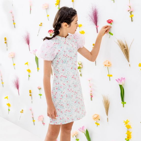 Chinese Motif Series - Girls Dress in White with Puff Tulle Sleeves