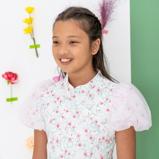 Chinese Motif Series - Girls Dress in White with Puff Tulle Sleeves