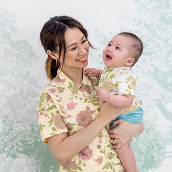 Garden Series - Baby Boy Shirt Romper in Chrysanthemum Print (Personalisable)