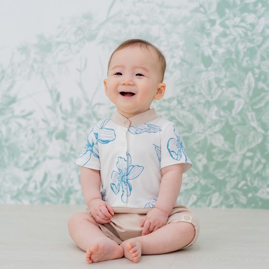Garden Series - Baby Boy Shirt Romper in Magnolia Print (Personalisable)