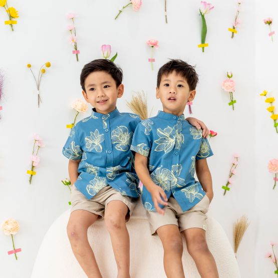 Garden Series - Boys Blue Shirt in Magnolia Print (Personalisable)