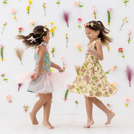Garden Series - Girls Ruffled Dress in Yellow Chrysanthemum Print