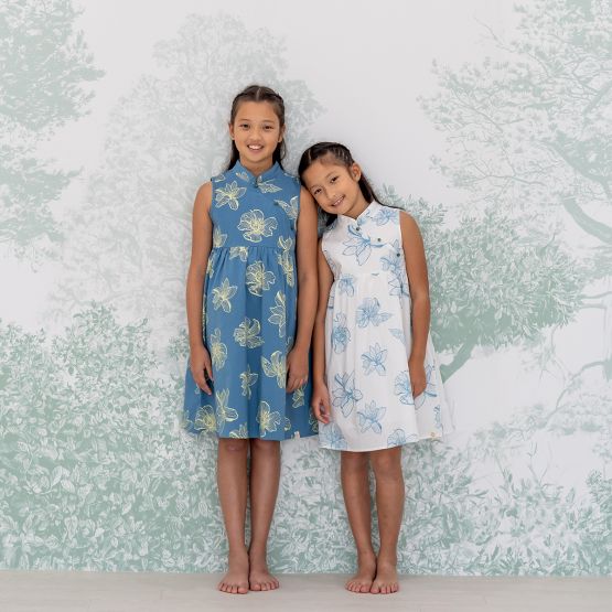 Garden Series - Girls Blue Cheongsam in Magnolia Print