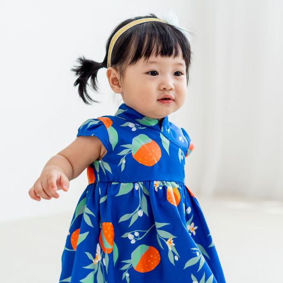 Mandarin Orange Series - Baby Girl Dress in Blue Floral Orange Print