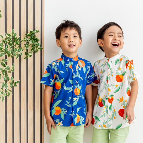 Mandarin Orange Series - Boys Shirt in Blue Floral Orange Print (Personalisable)