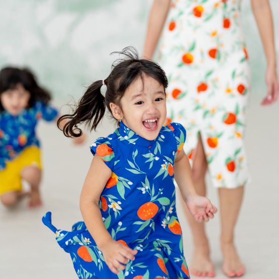 Mandarin Orange Series - Girls Dress in Blue Floral Orange Print