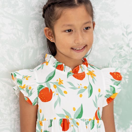 Mandarin Orange Series - Girls Dress in White Floral Orange Print (Personalisable)