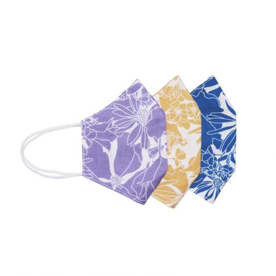 Set of 3 Personalisable Reusable Kids & Adult Masks in Purple, Yellow & Blue Bloom Print 