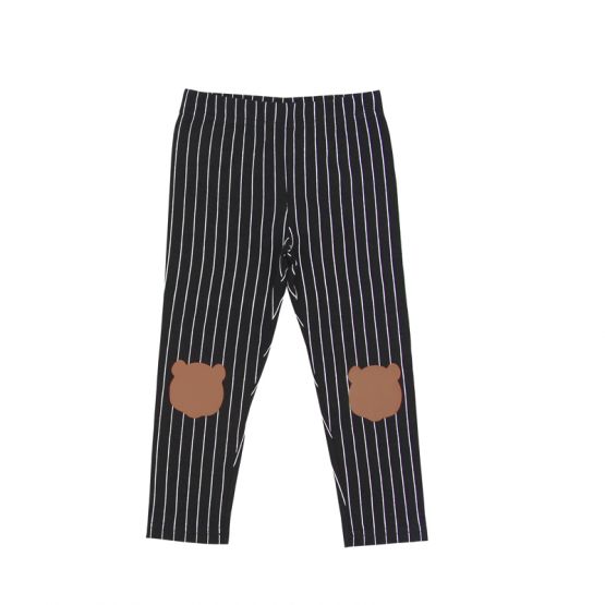 Kids Black Striped Leggings with Panda Patches