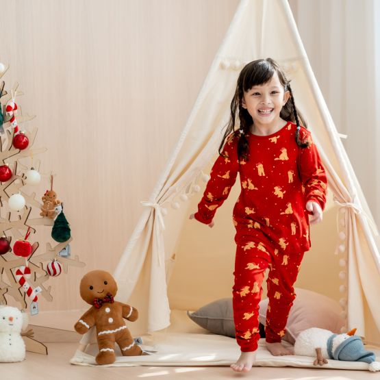 Kids Organic Christmas Pyjamas in Puppy Print (Personalisable)