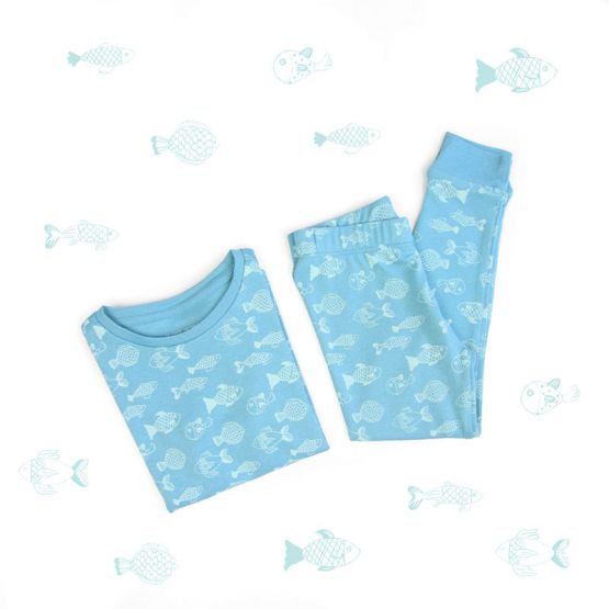 Kids Short Sleeve Organic Pyjamas Set in Fish Print 